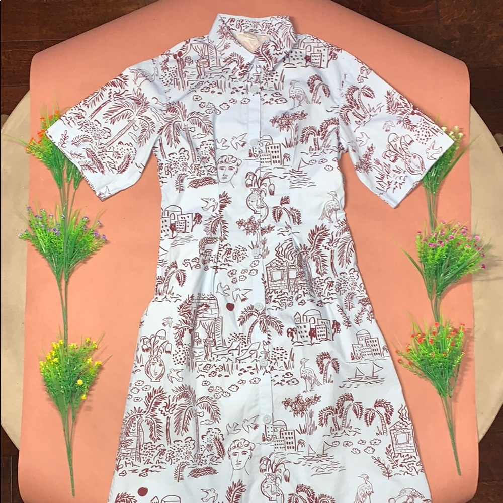 Monki Light Blue Dress with Burgundy Floral Design